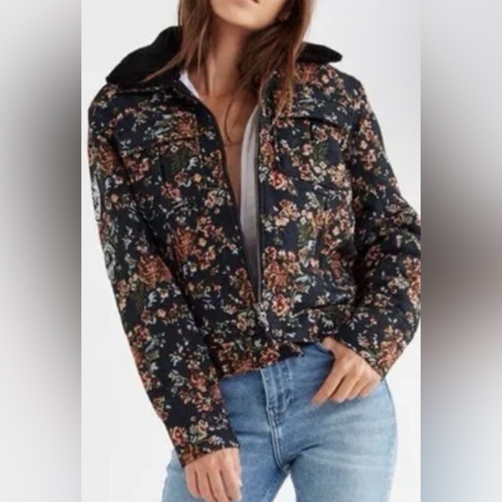 Blank NYC Floral Tapestry Trucker Jacket with Black Collar